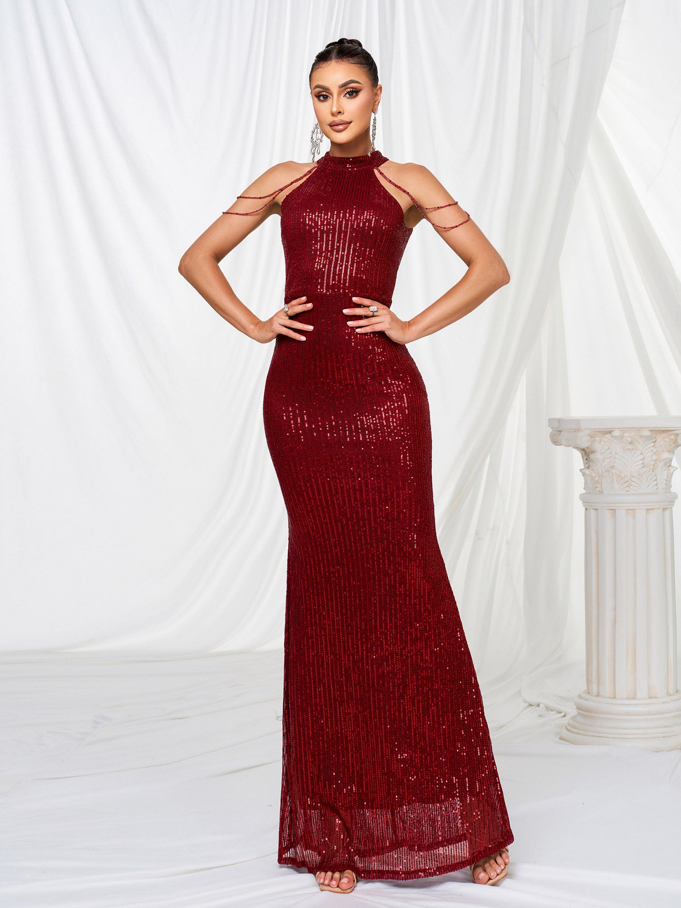 Formal Halter Neck Sequin Prom Dress RJP1081