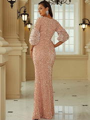 V Neck Lantern Sleeve Sequin Maxi Evening Dress XH2184