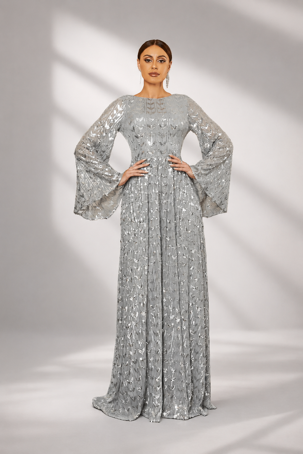 Silver Sequin Bell Sleeve Backless Maxi Evening Dress RM20603