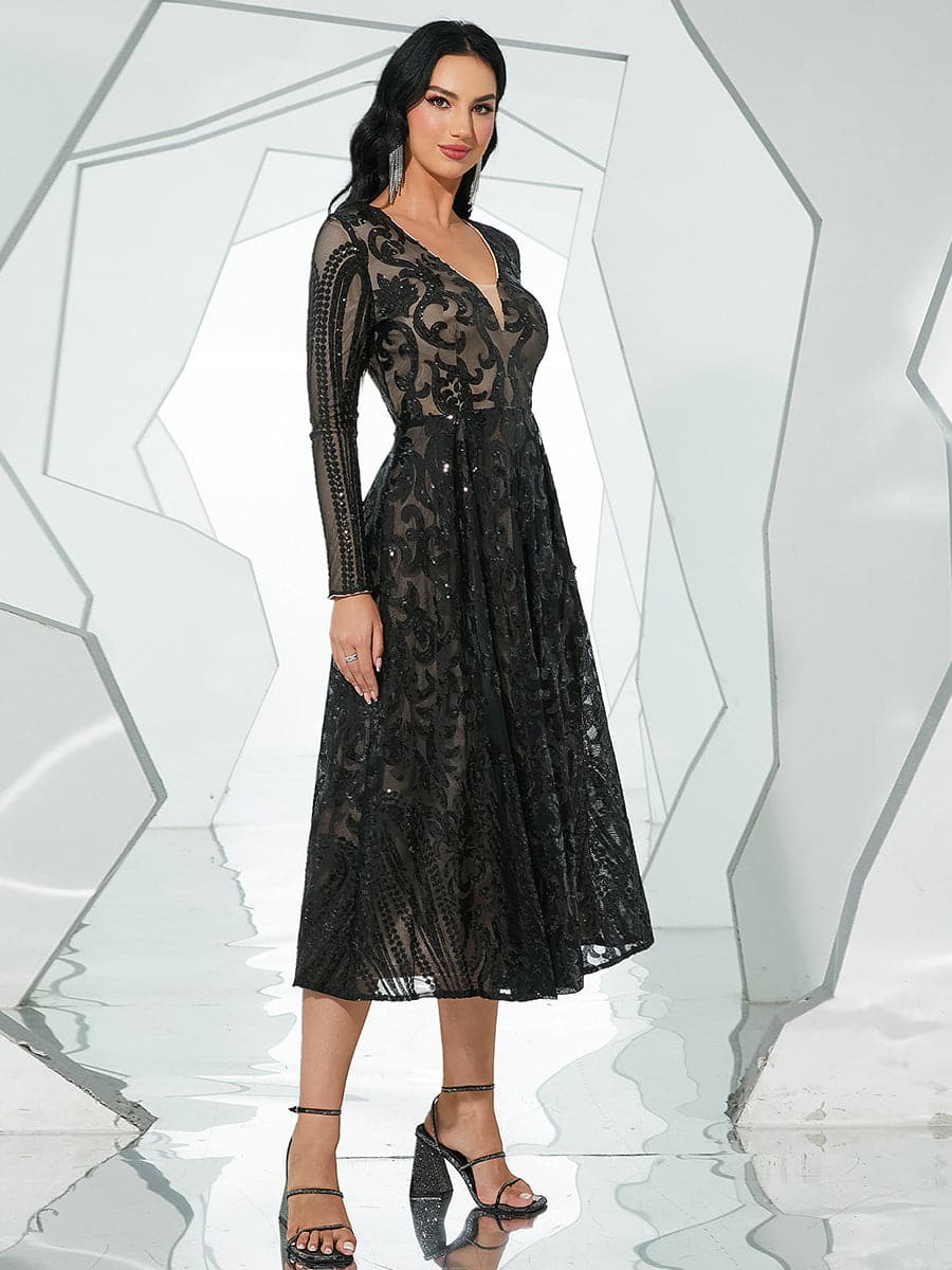 A-Line Tulle Black Midi Dress RJ10179