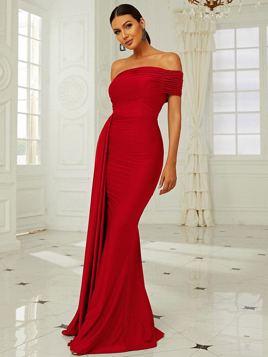 Red Off Shoulder Draping Formal Dress XH2158