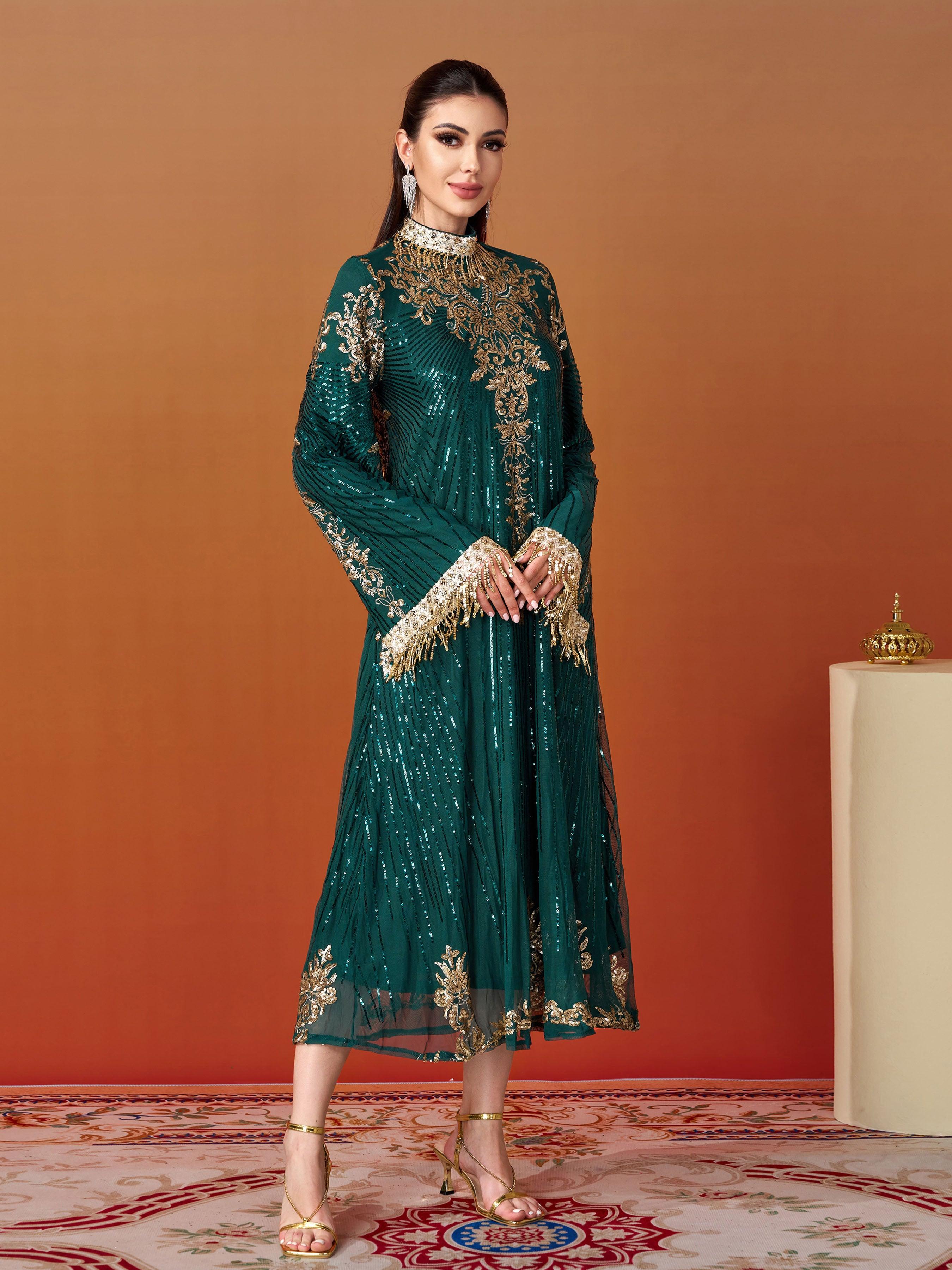 Stand Collar Bell Sleeve Sequin Dress MES00344