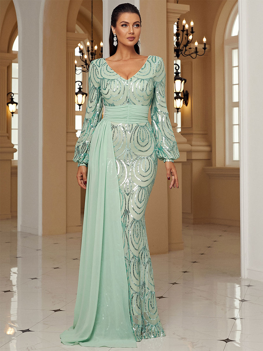 V-Neck Long Sleeve Draped Sequin Mermaid Prom Dress XJ1524