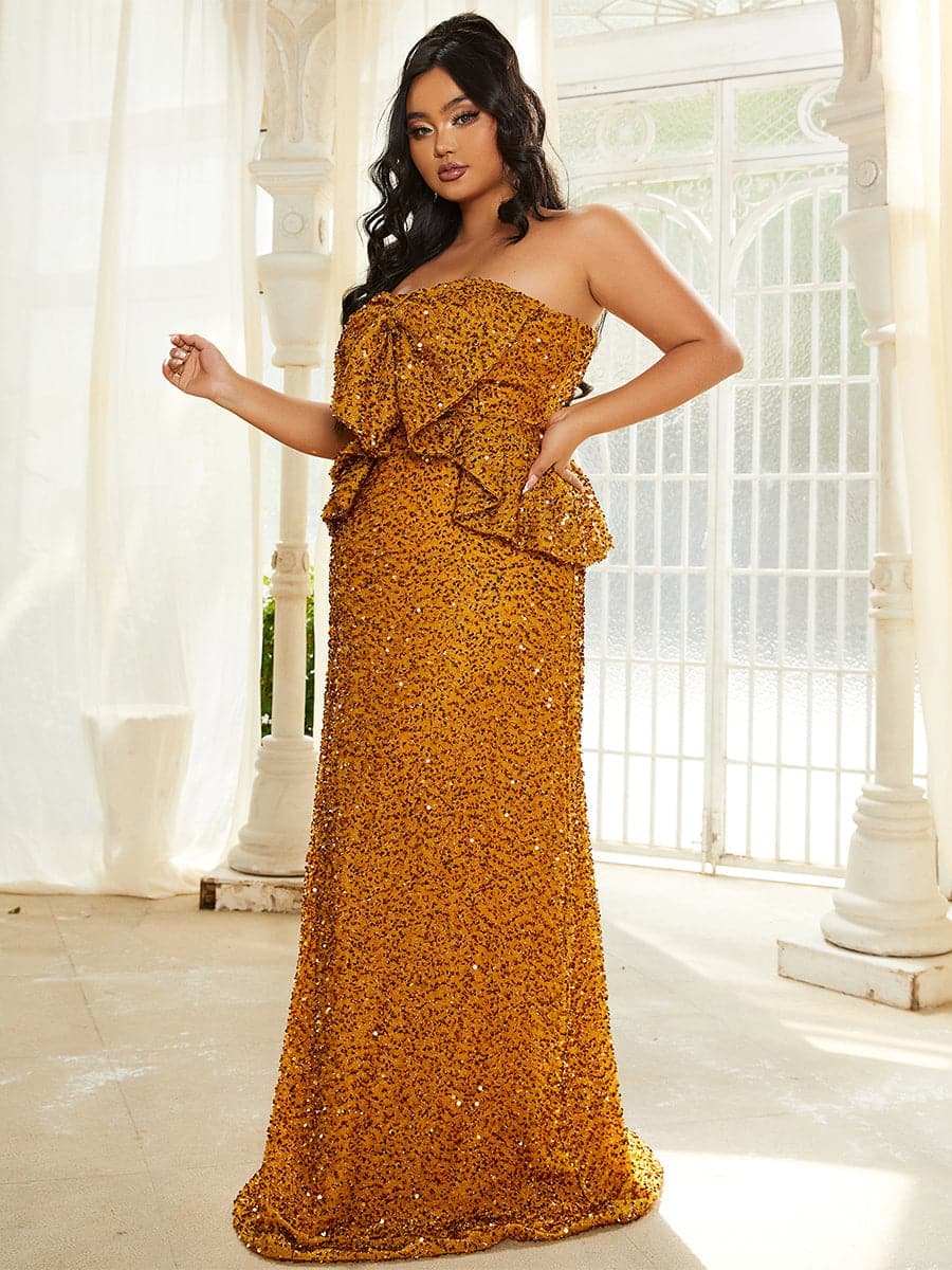 Plus Size Ruffle Bow Sequin Ginger Evening Dress PJM022L