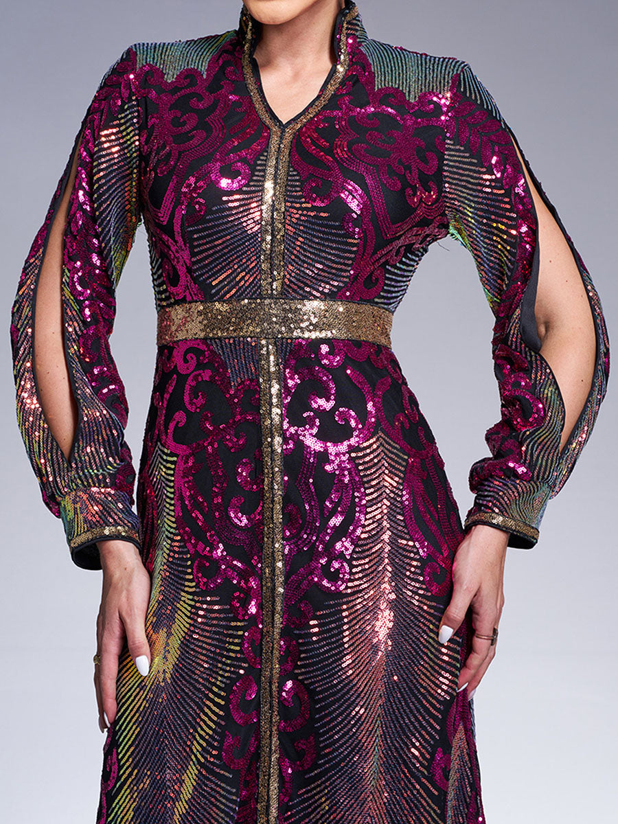 Stand Collar Cutout Sleeve Sequin Abaya Maxi Dress ME00330