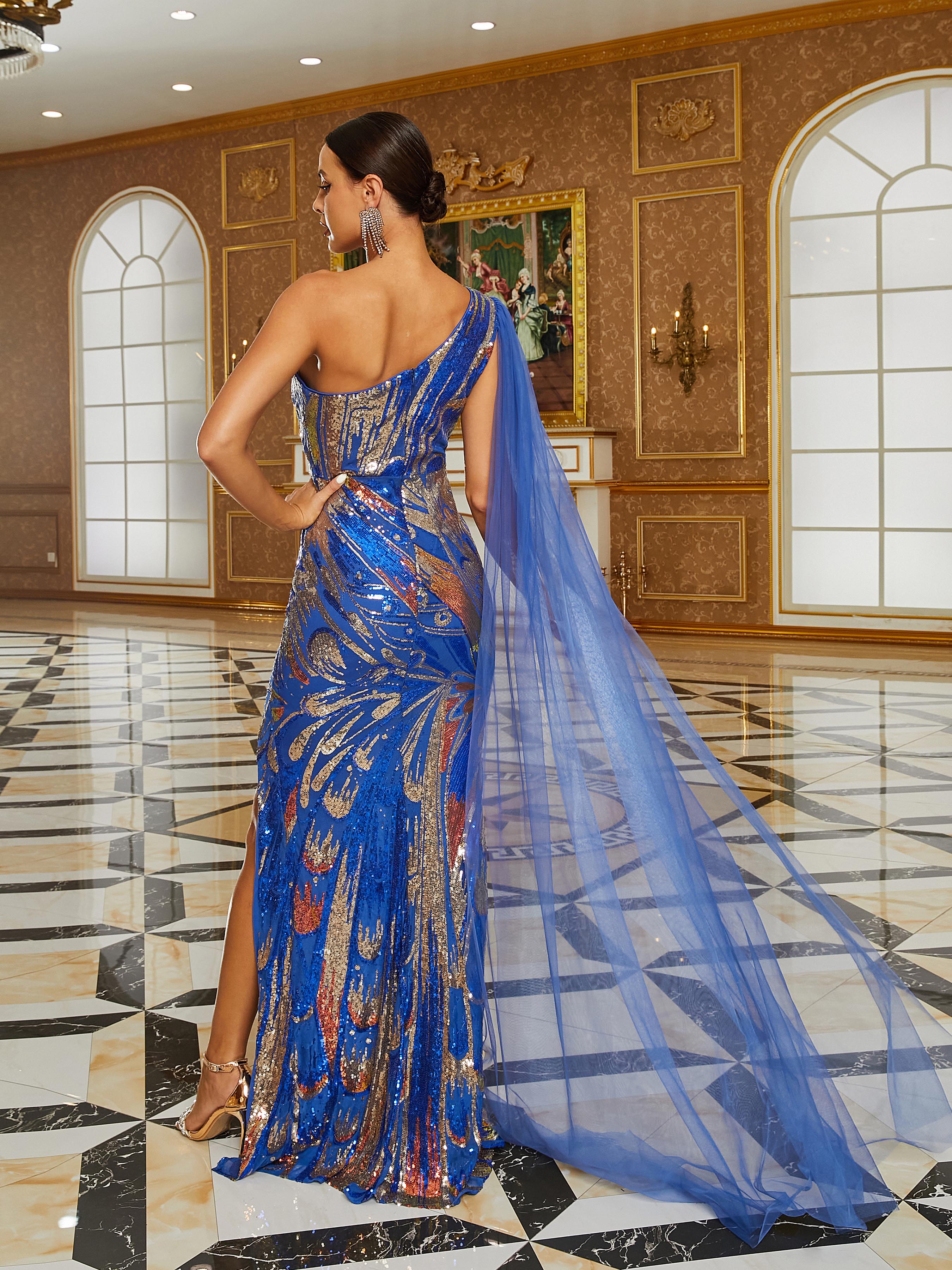 One Shoulder Draped Blue Evening Dress RJ10562