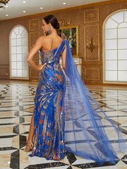 One Shoulder Draped Blue Evening Dress RJ10562