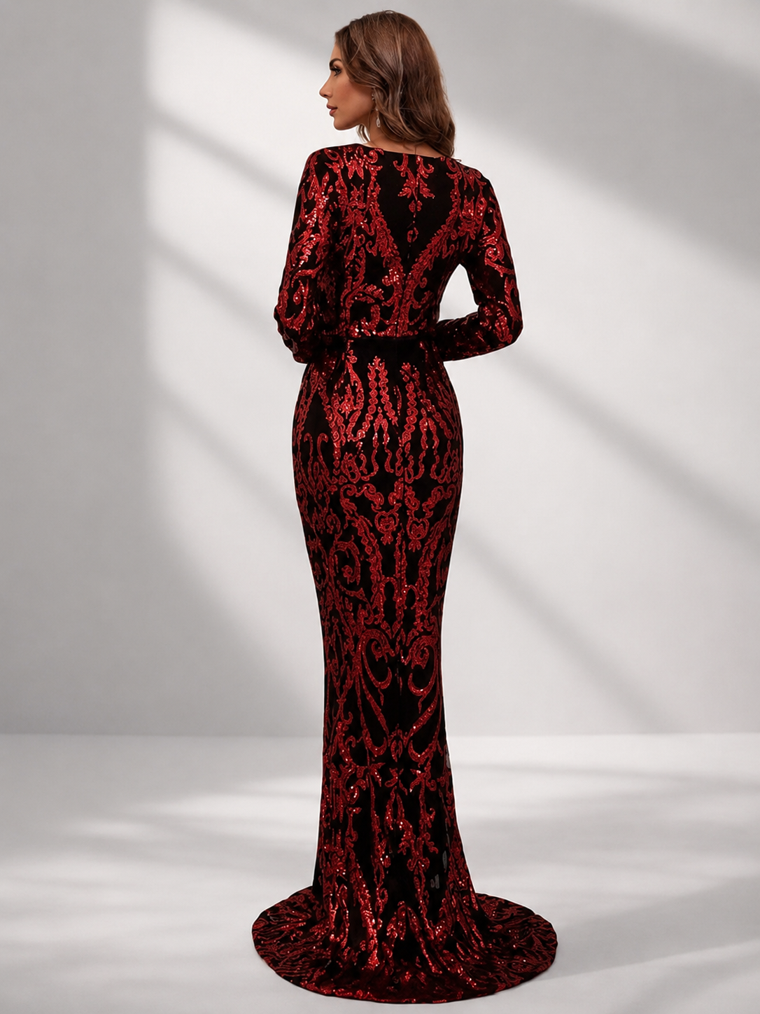 Damask Red Sequin Mermaid Hem Prom Dress M0730