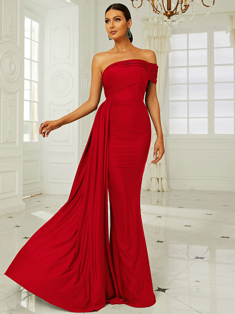 Red Off Shoulder Draping Formal Dress XH2158