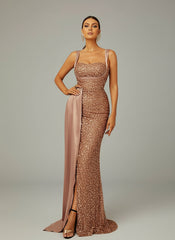 Ribbon Corset Sequin Maxi Prom Dress XH2162