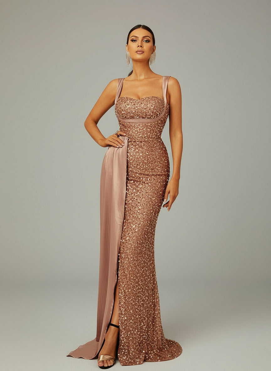 Ribbon Corset Sequin Maxi Prom Dress XH2162