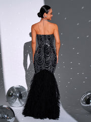 Strapless Sequin Mesh Black Mermaid Formal Dress RH30924
