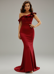 Ruffle Neck Floor Length Red Mermaid Prom Dress M02124