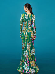 Long Sleeve Corset Cutout Floral Evening Dress DH80214