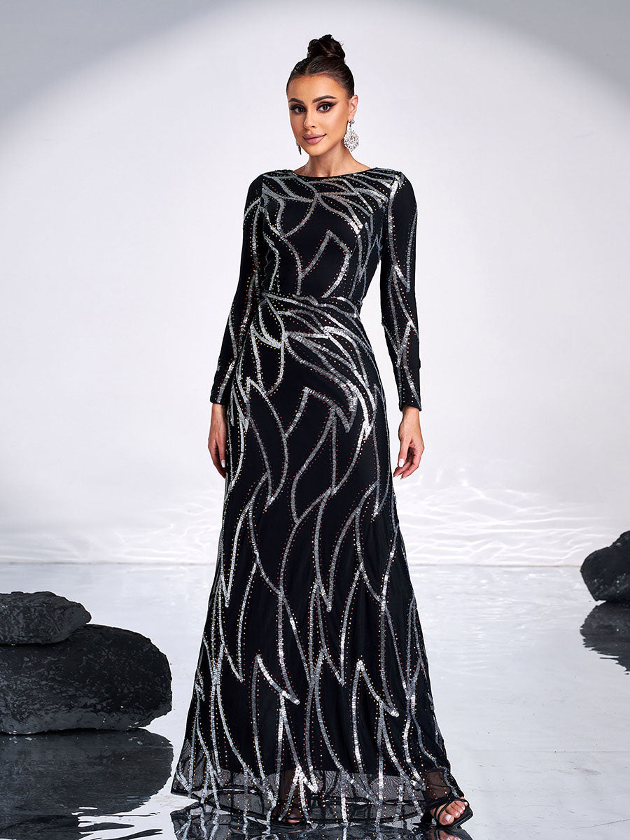 Long Sleeve Sequin A-Line Maxi Evening Dress XJ1962