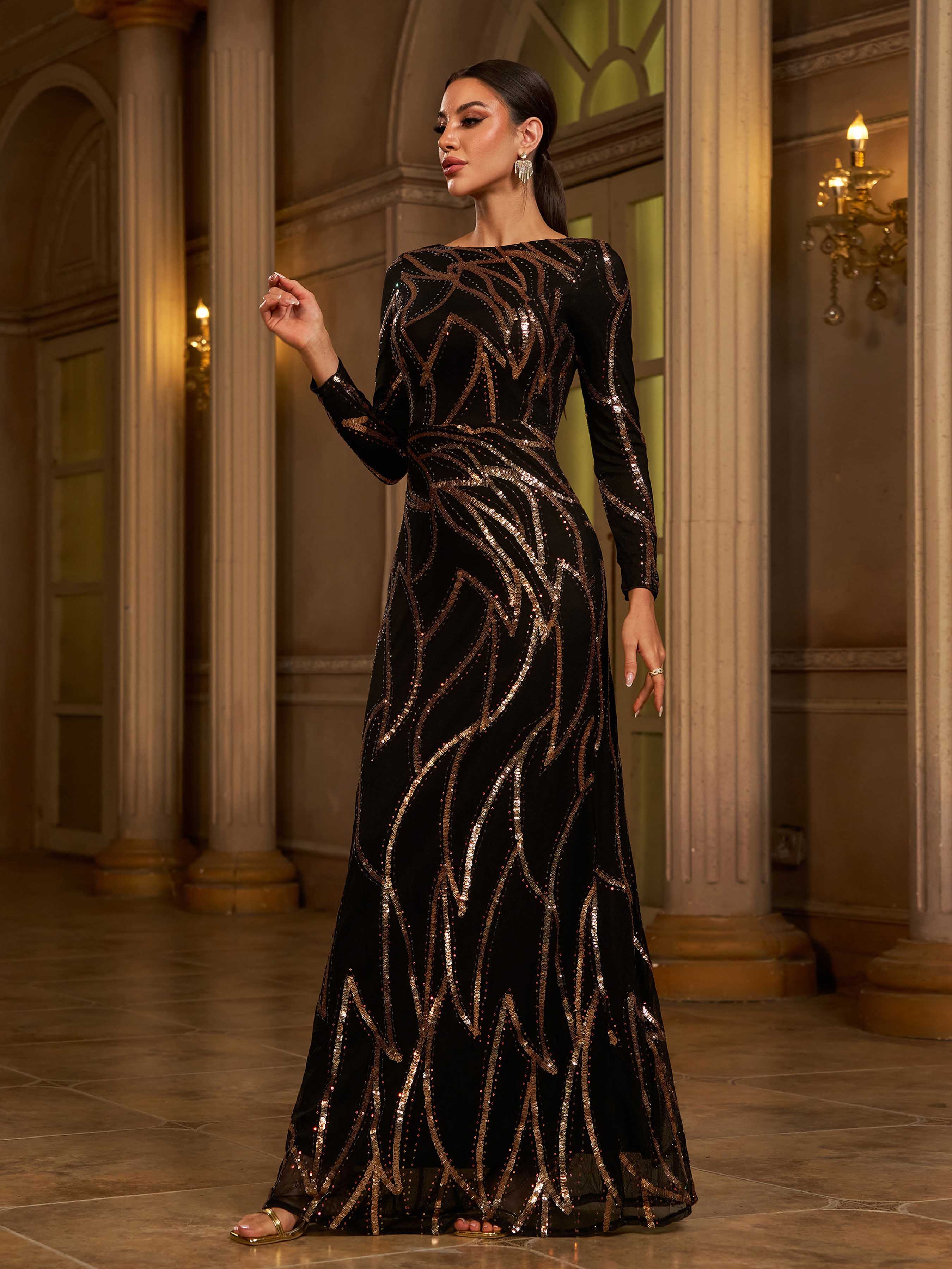 Long Sleeve Sequin A-Line Maxi Evening Dress XJ1962