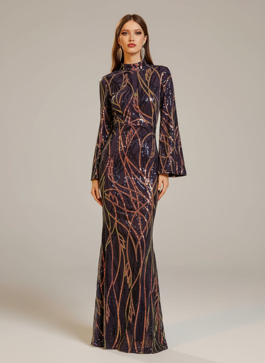 Long Sleeve Blue Maxi Sequin Formal Dress XJ1554