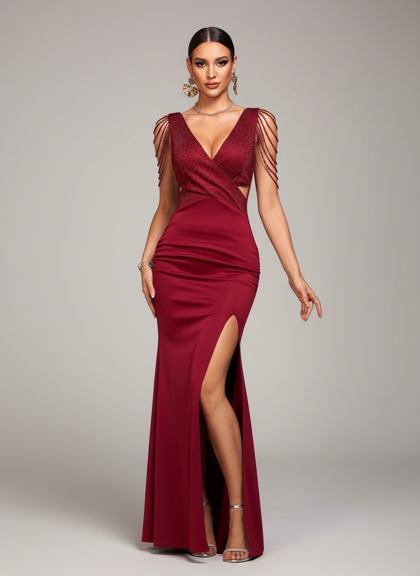 Burgundy Sequin Chain Sleeve V-Neck Formal Dress XFR51023