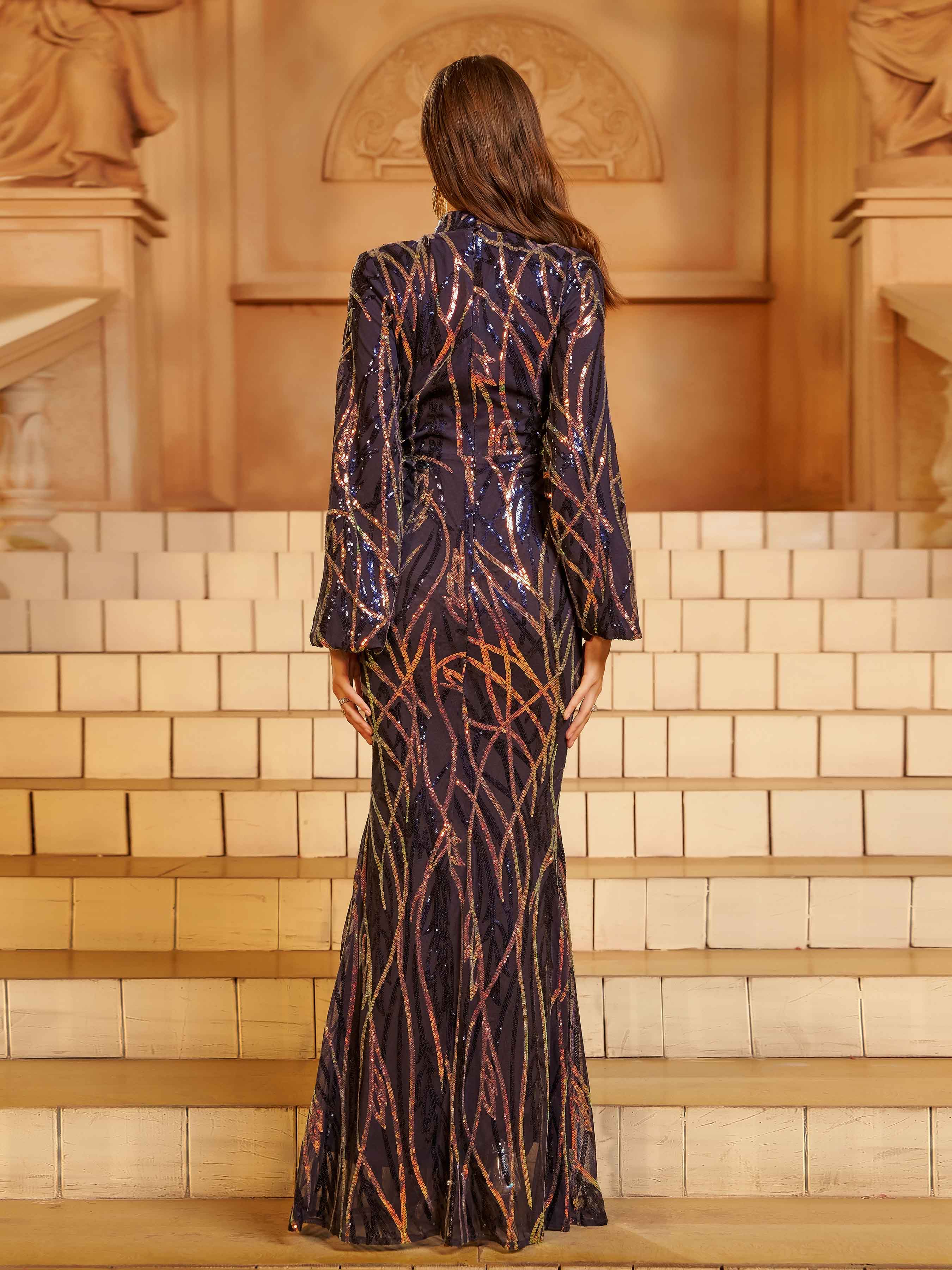 Long Sleeve Blue Maxi Sequin Formal Dress XJ1554