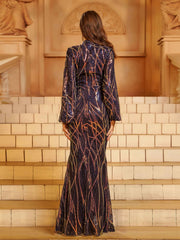 Long Sleeve Blue Maxi Sequin Formal Dress XJ1554