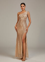 One Shoulder Beaded Sleeve Gradient Sequin Prom Dress M01599