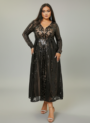 Plus V-neck Long Sleeve Sequin Dress PRJ10179