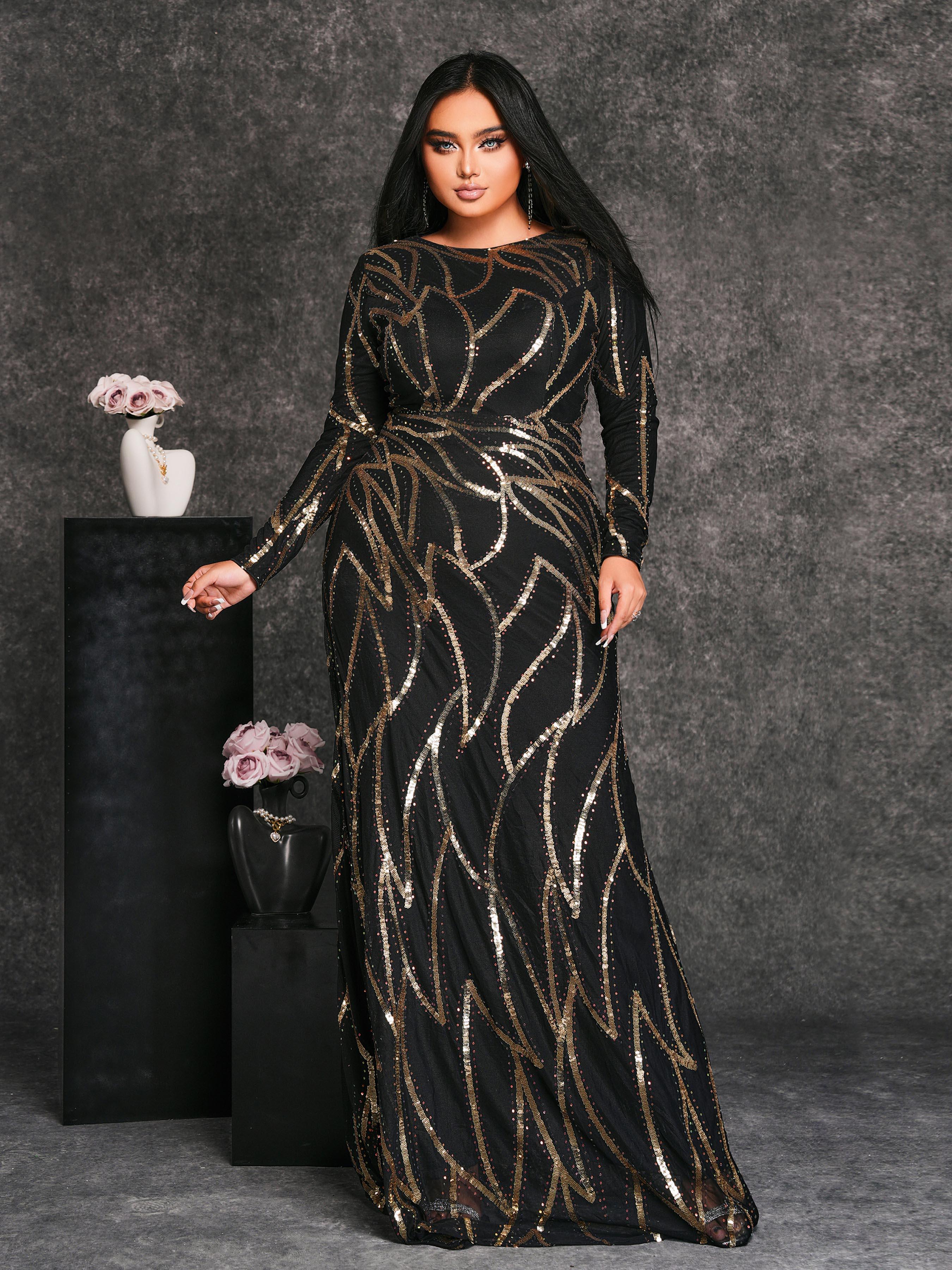 Plus Long Sleeve Sequin A-line Dress PXJ1962