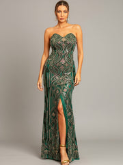 Green Strapless Graphic Sequin Prom Dress XJ1979