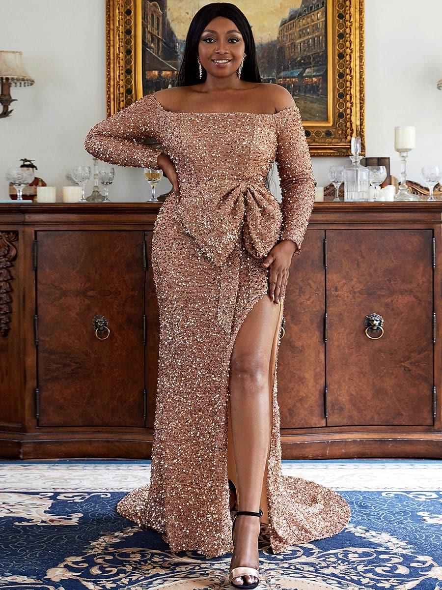 Plus Size Off The Shoulder Bow Knot Split Maxi Evening Dress PXH2122