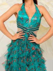 Halter Open Back Floral Tulle Dress DH80068