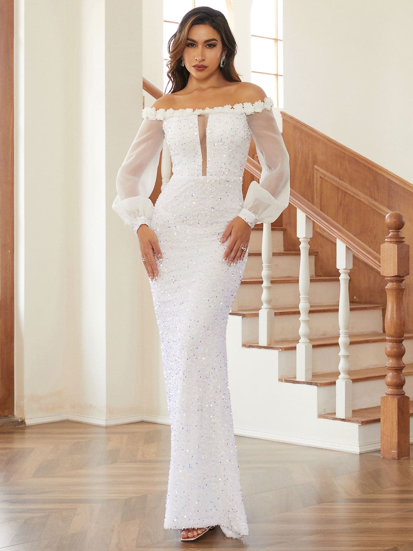 Puff Sleeves Strapless Evening Dress JMT1118
