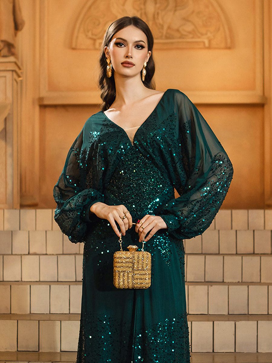 Lantern Sleeve V-Neck High Split Black Prom Dress RM21107