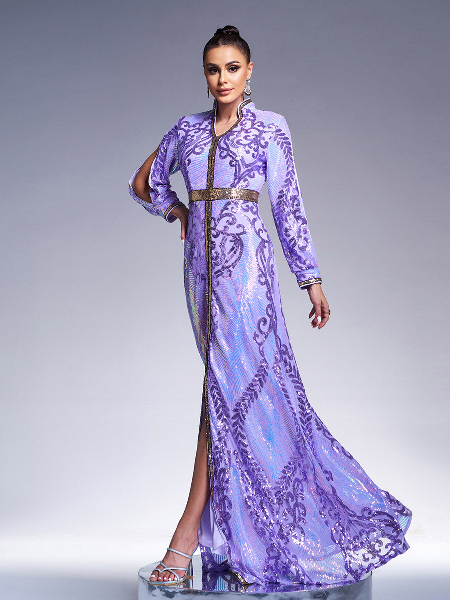 Stand Collar Cutout Sleeve Sequin Abaya Maxi Dress ME00330