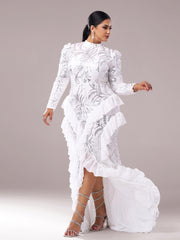 Plus Stand Collar Ruffled Irregular Hem Dress PRX70029