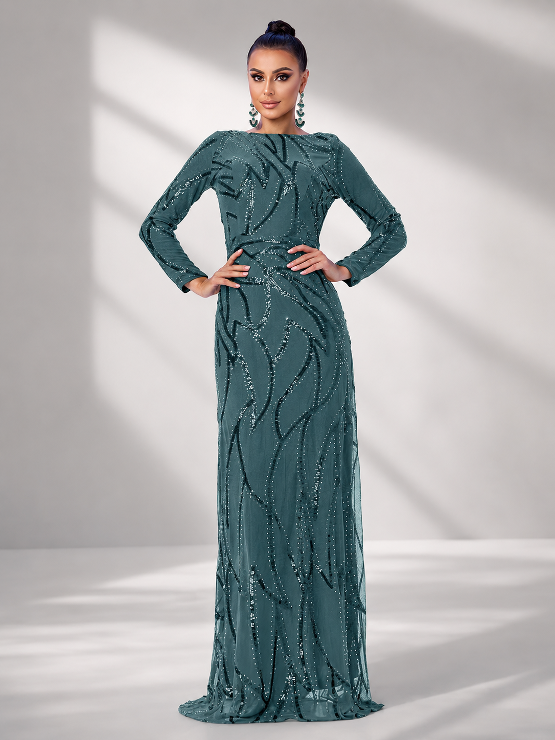Long Sleeve Sequin A-Line Maxi Evening Dress XJ1962
