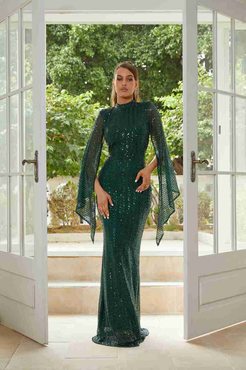 High Neck Sequin Bell Sleeve Mermaid Evening Dress XJ1263