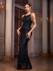 Black Fringed Sequin Backless Cocktail Dress GM90184