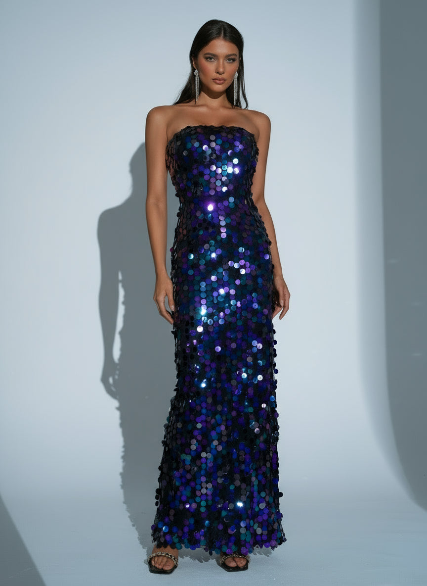 Tube Top Sequin Blue Maxi Dress RJ11580
