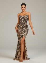 Spaghetti Black Split Maxi Sequin Dress M0761