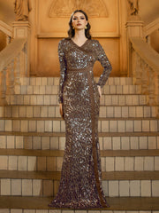 Gold Sequin Long Sleeve Prom Dress GM00775