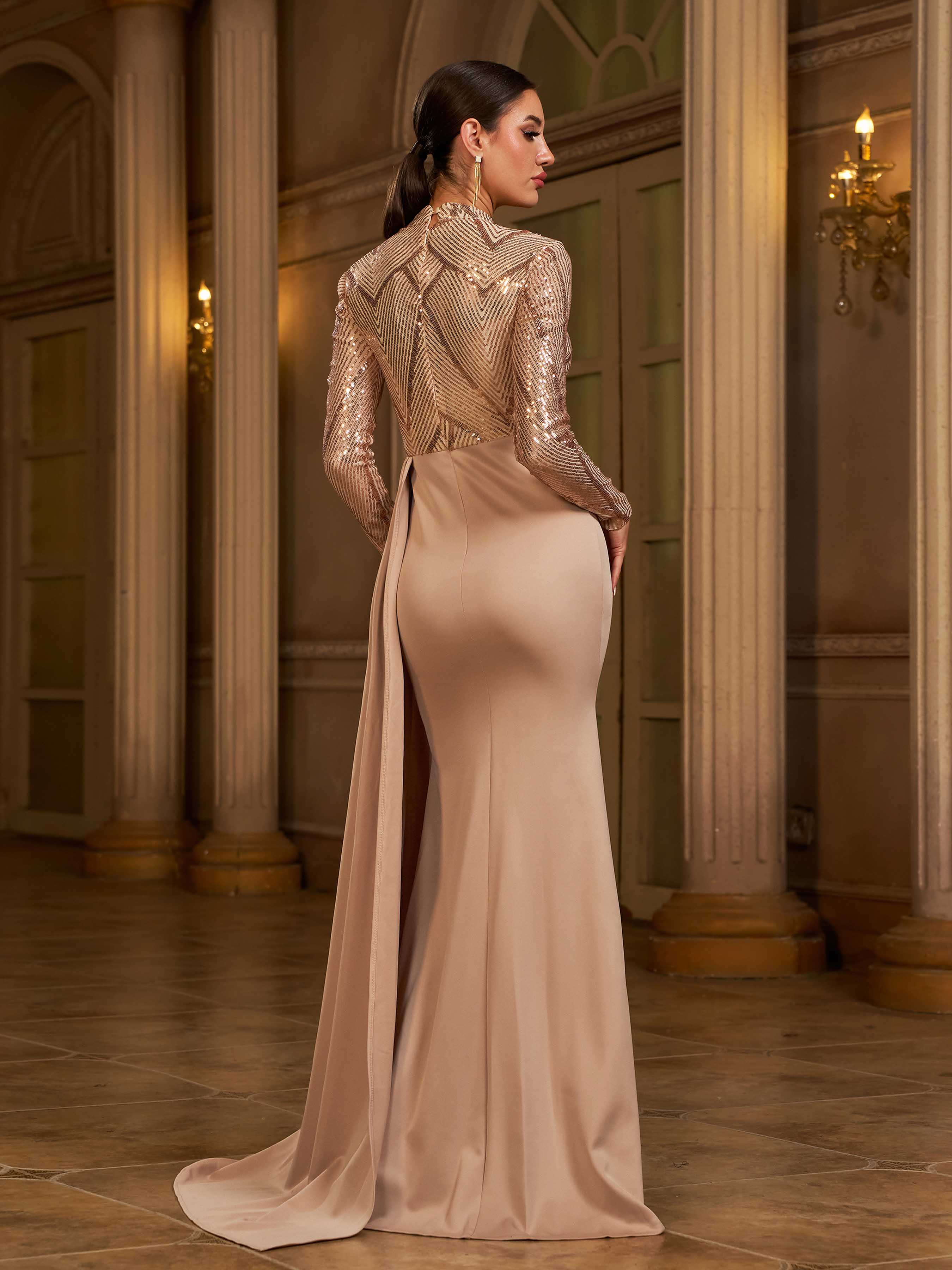 Draping Long Sleeve Sequin Formal Dress M02153
