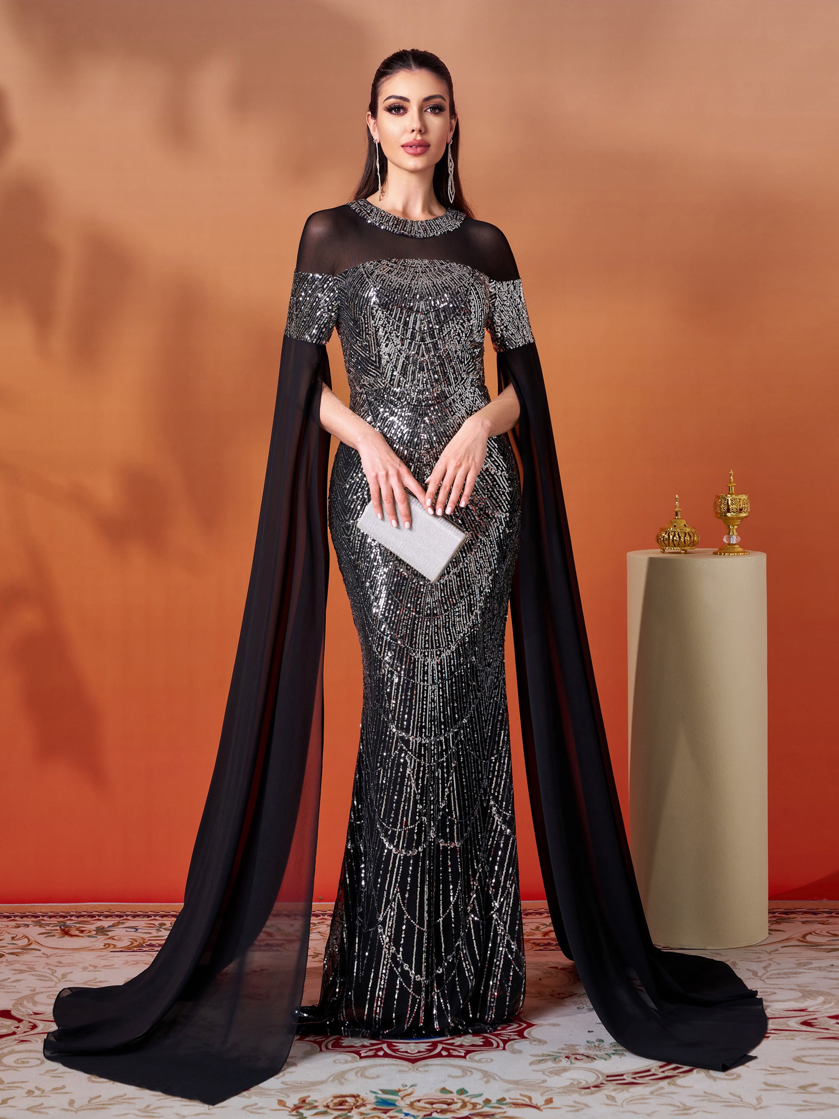 Black Sequin Cape Sleeve Elegant Evening Dress GM00706