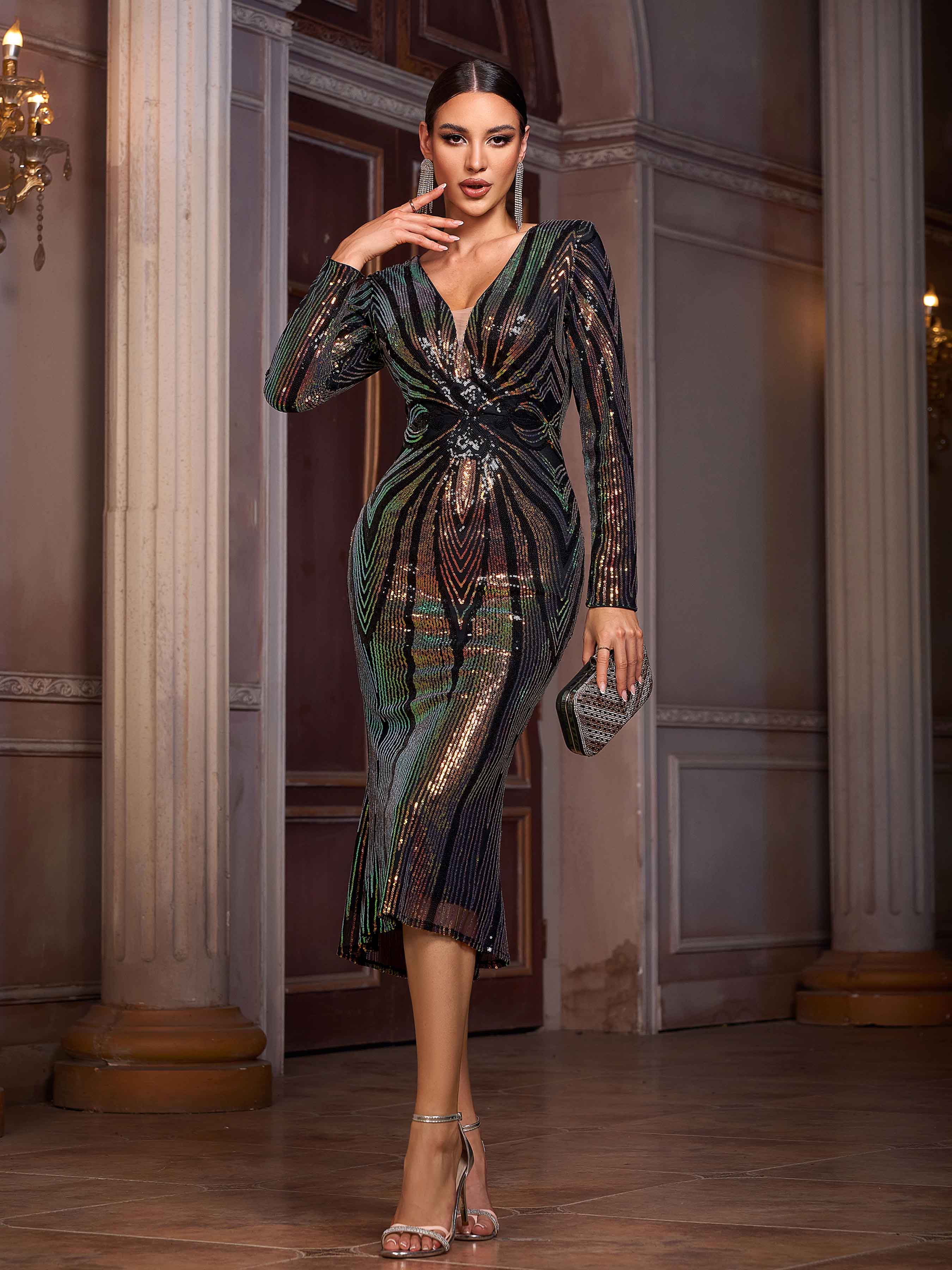Plunging V-Neck Long Sleeve Sequin Bodycon Midi Dress GM01075