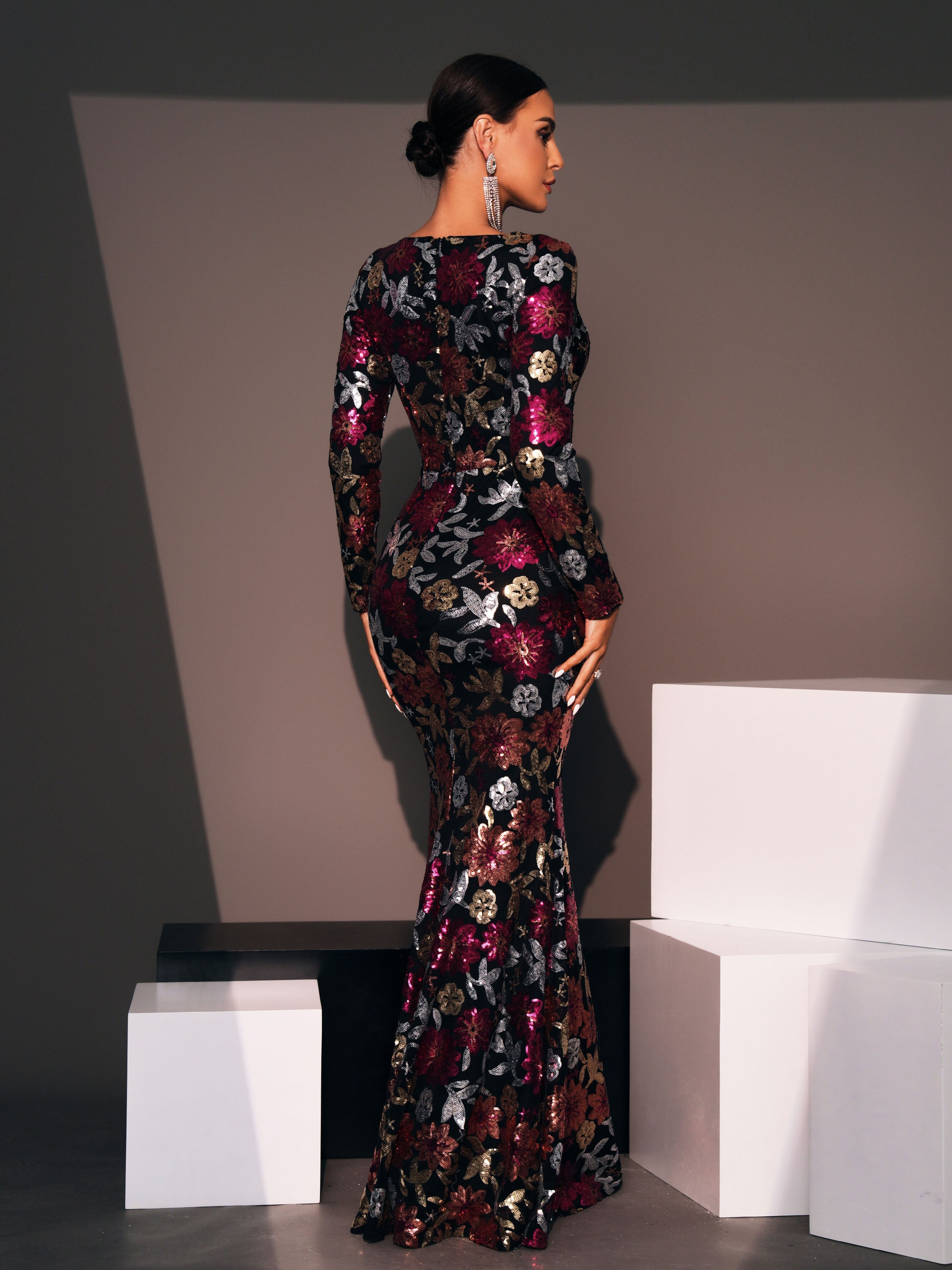 Crew Neck Floral Sequin Dress RJ10987