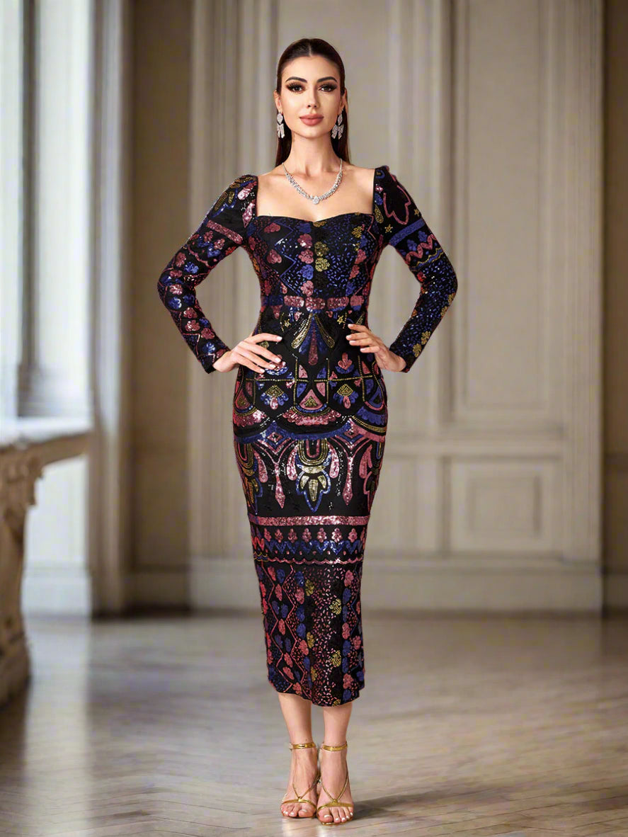 Square Neck Long Sleeve Split Sequin Dress RM20830