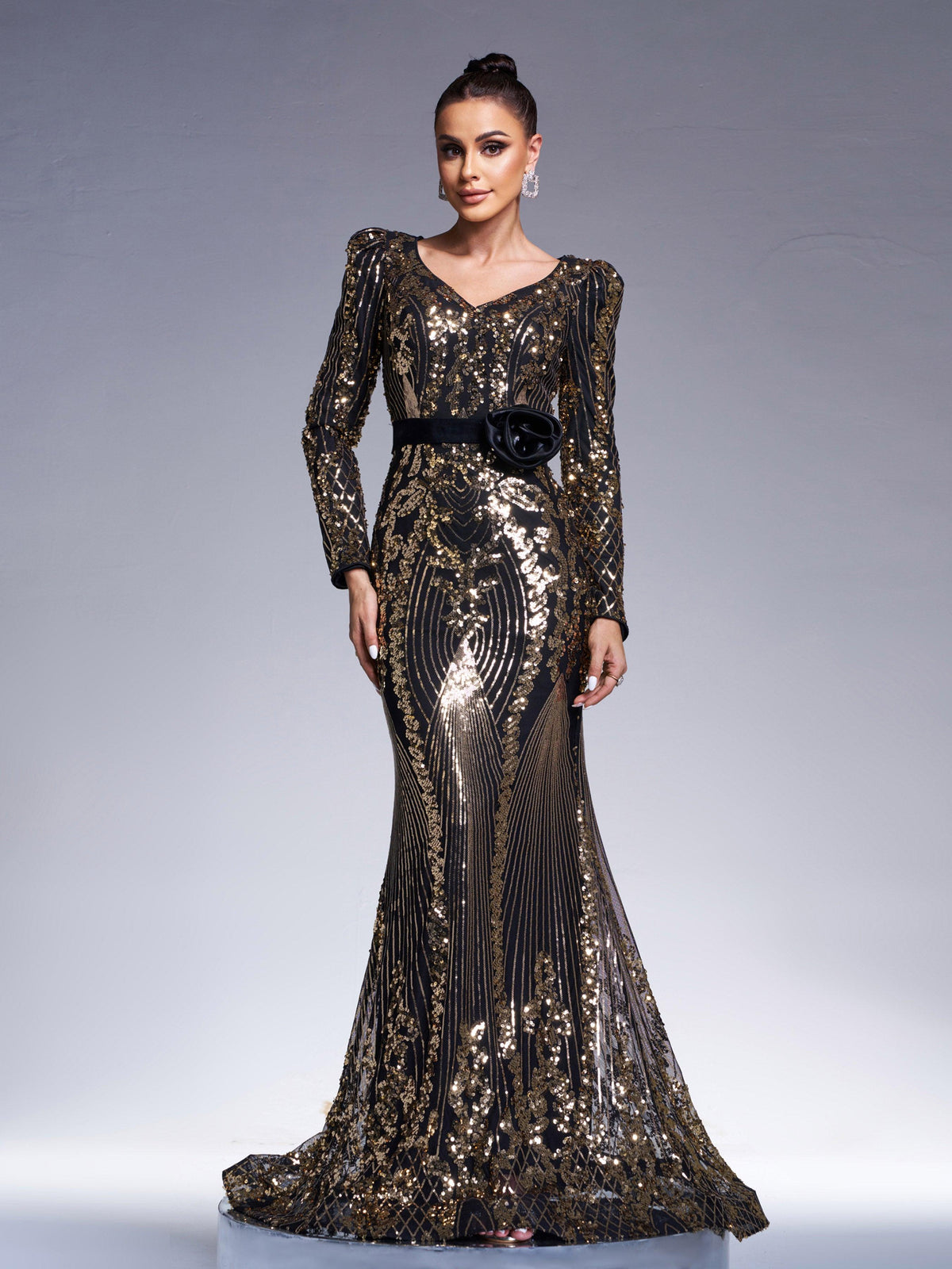 Black Long Sleeve Sequined V-neck Dress DH80240