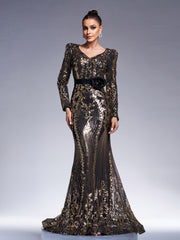 Black Long Sleeve Sequined V-neck Dress DH80240