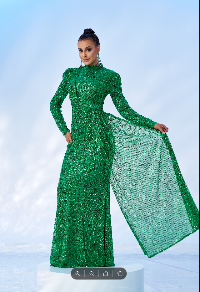 High Neck Long Sleeve Draped Sequin Maxi Evening Dress RJ11834