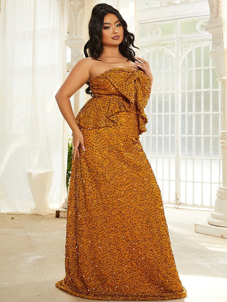 Plus Size Ruffle Bow Sequin Ginger Evening Dress PJM022L