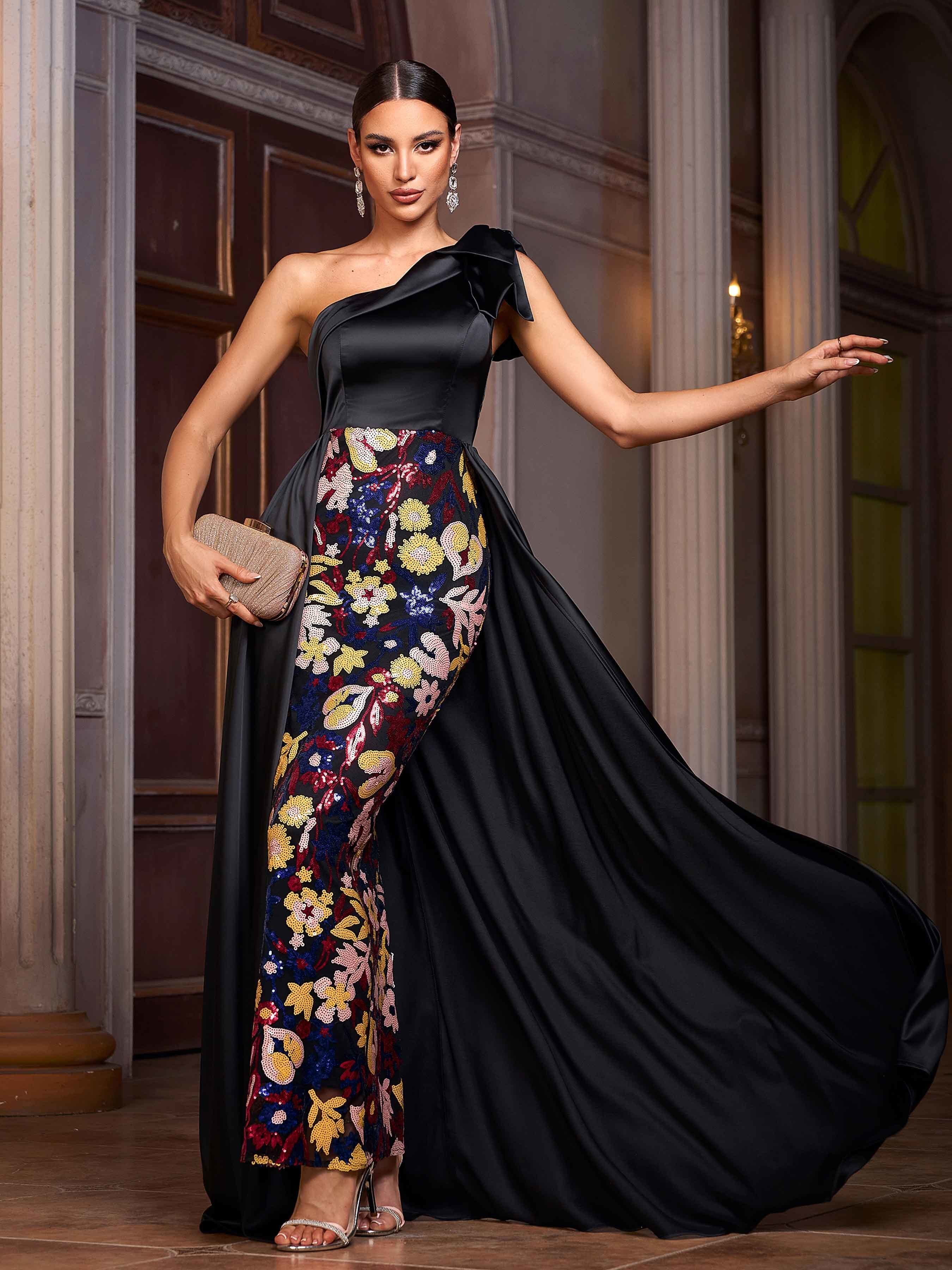 Black Sequin Floral Cape Prom Dress GM01051